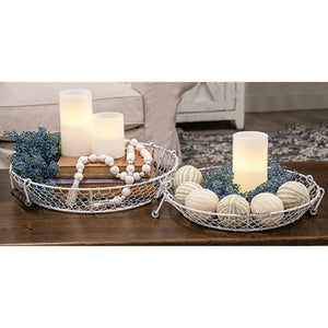 2/Set, Distressed White Chicken Wire Round Trays