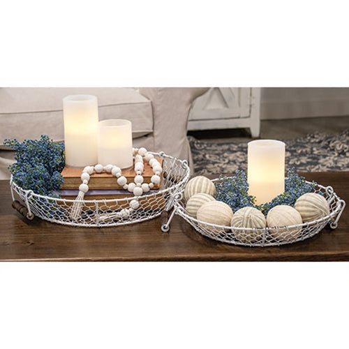 2/Set, Distressed White Chicken Wire Round Trays