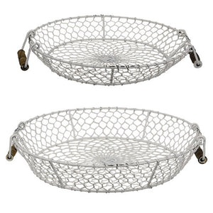 2/Set, Distressed White Chicken Wire Round Trays