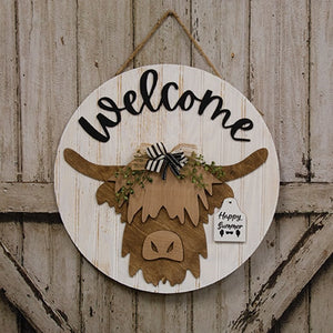 Welcome Highland Cow Sign w/12 Seasonal Ear Tags